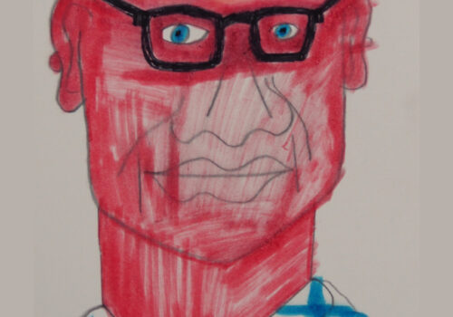 portrait by learning disabled artist Josh Dear of an elderly, bald, white man wearing glasses