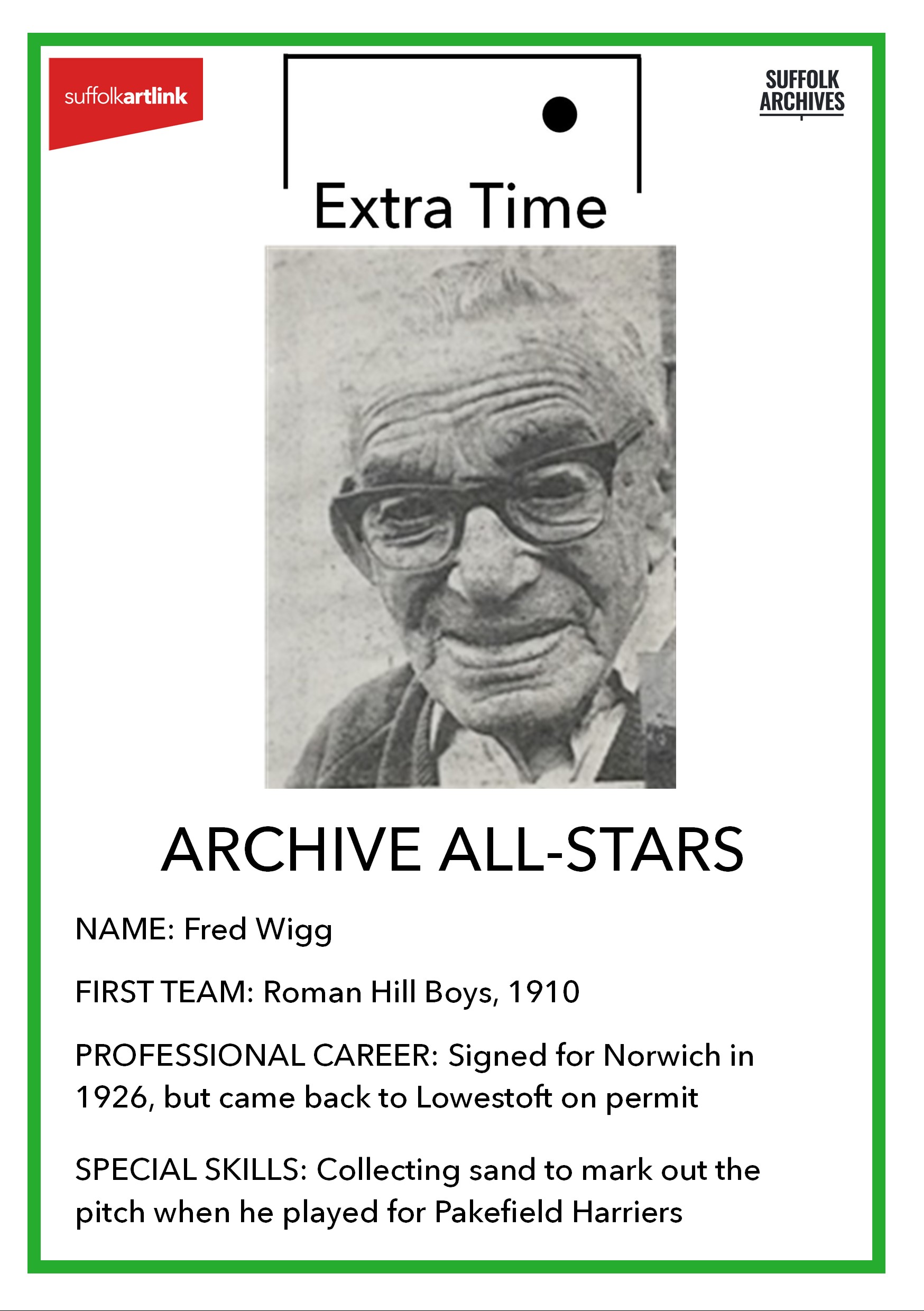 Image of gentleman's face and text Extra Time Archive All-Stars Name Fred Wigg, first team Roman Hill Boys, 1920, Professional career, signed to Norwich in 1926 but came back to Lowestoft on permit, special skills, collecting sand to mark out the pitch when he played for Pakefield Harriers