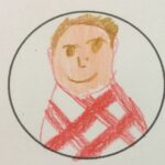 A figure in red and white check, drawn inside a circle