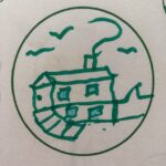 Drawing in green pen of a house with a path leading to the front door, smoke curling out of the chimney and gulls flying overhead