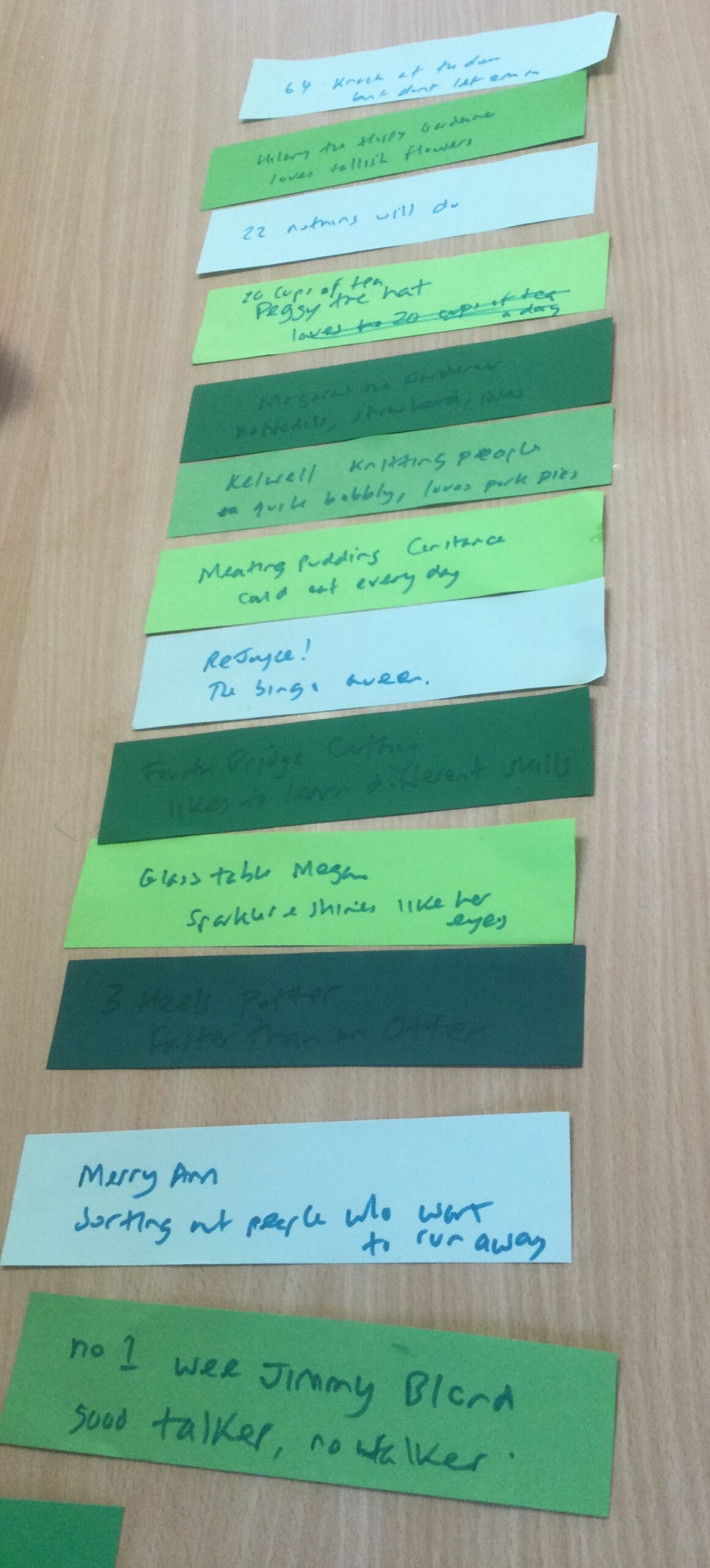 Strips of paper in different shades of green lined up on a table top