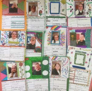 12 cards, most with a photograph of an individual children, hand decorated in pen and decorative tape