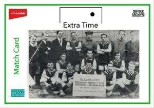 A team of football players and club members with placard reading Halesworth Thursday Football Club season 1912-13