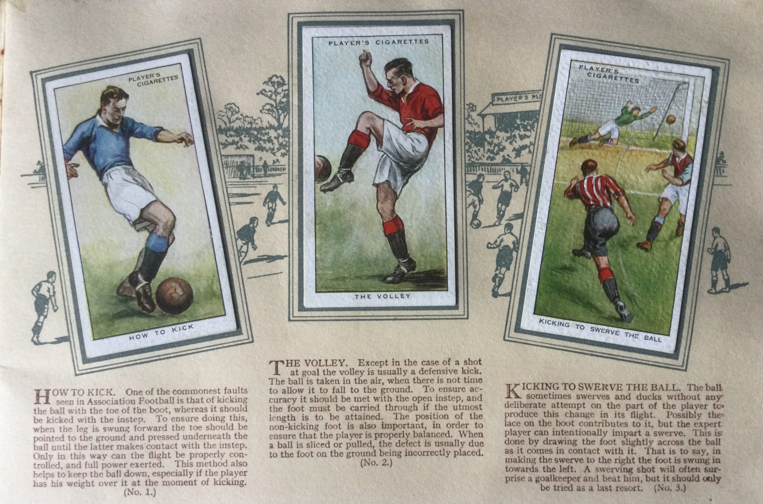 Players Cigarette Cards showing how to kick, the volley and kicking to swerve the ball