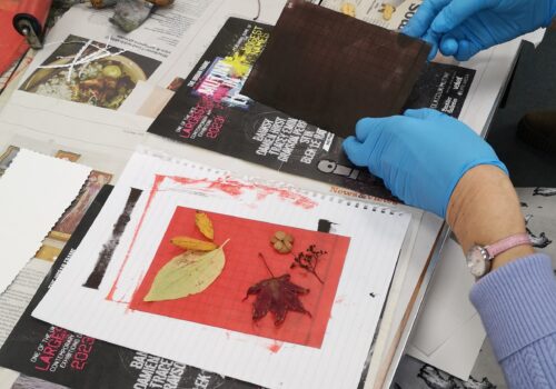 Leaves on red background about to be removed after going through a printing press.