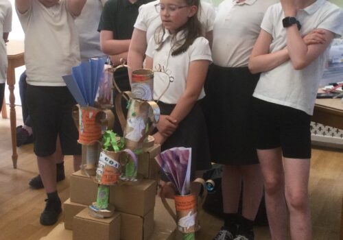 A group of school children stand behind a tower (podium) of cardboard boxes on which stand a variety of cardboard trophies