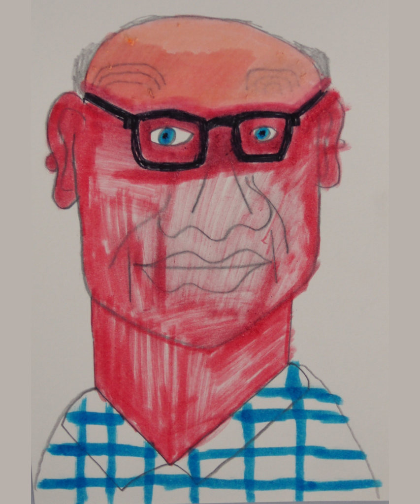 postcard portrait of bald man with glasses.