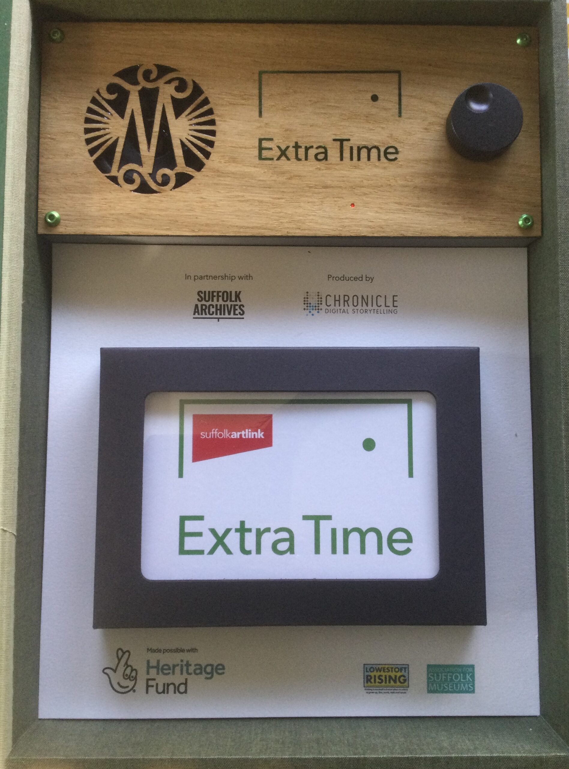 The interior of a story box, showing the broadcast panel at the top with the words Extra Time and below the compartment for holding the photographs