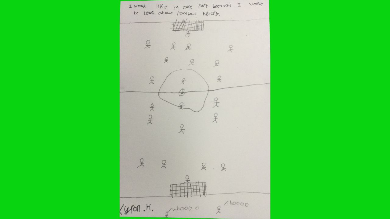 A pencil illustration of a football pitch with the words I would like to take part because I want to learn about football history