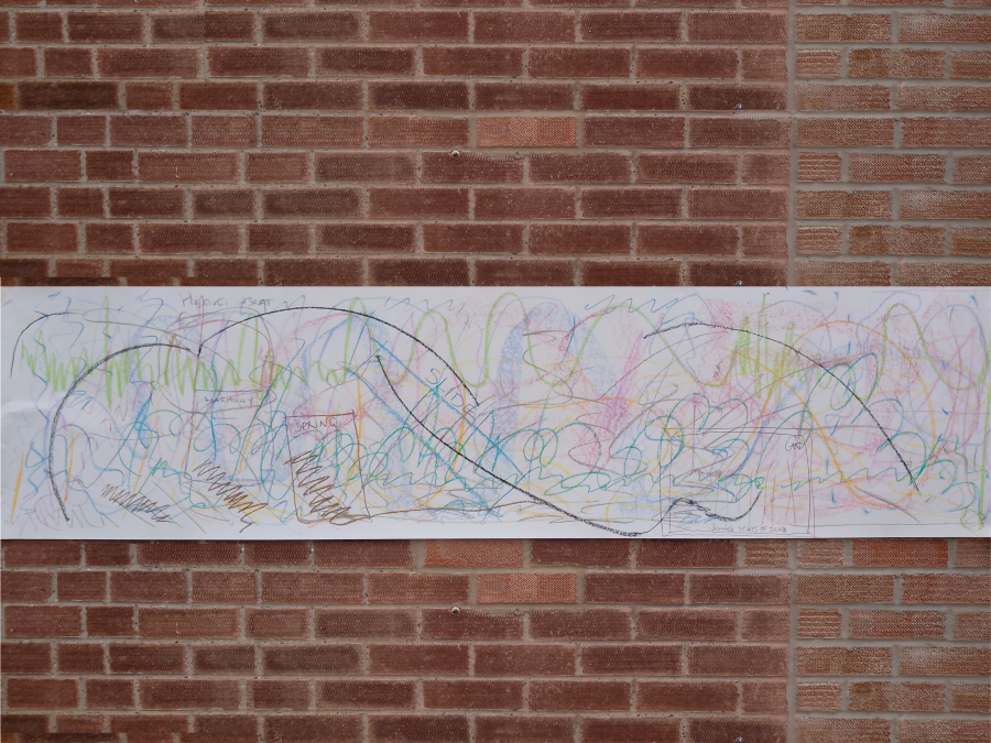 lines depicting movement on large sheet of lining paper display horizontally against an outside wall.