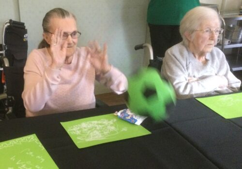 A woman has her hands up in the air, having just launched a black and green foam football across the table. Her companion is seated beside her, looking across the table