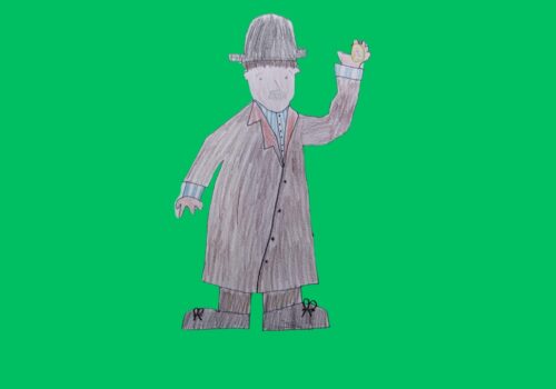 A cut-out figure of a man wearing a bowler hat and long grey coat holding a timer in his hand