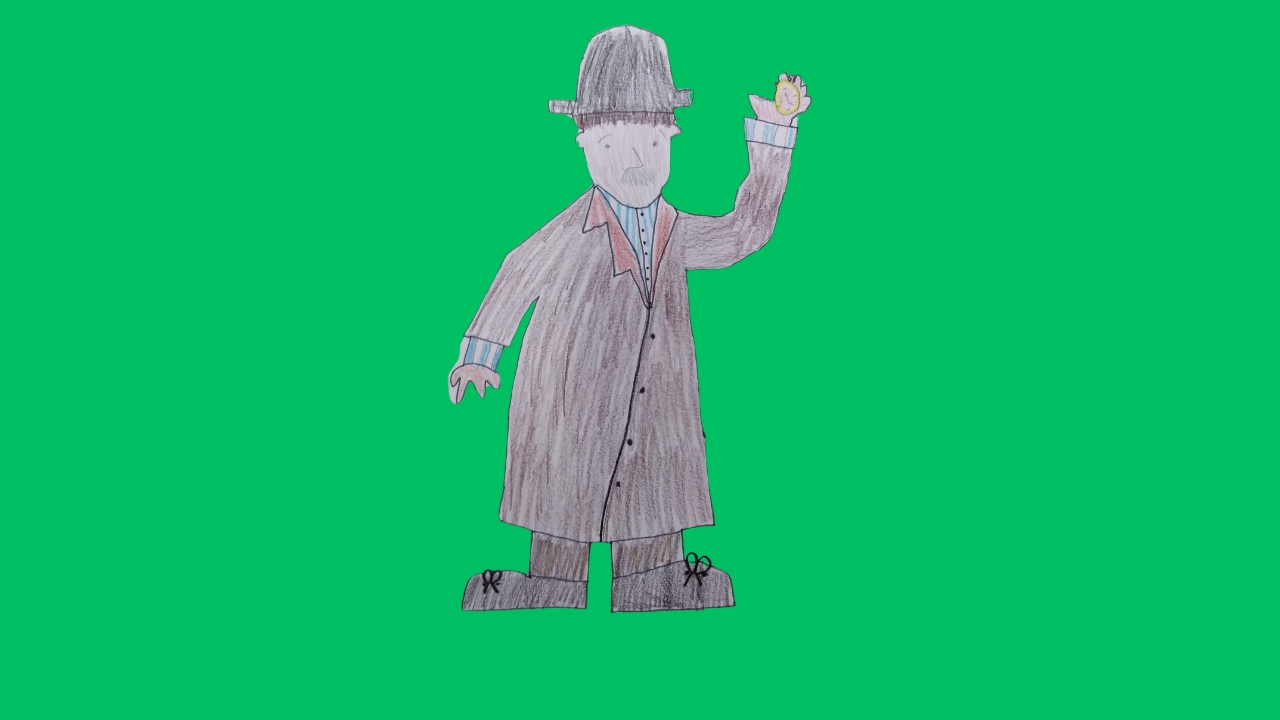 A cut-out figure of a man wearing a bowler hat and long grey coat holding a timer in his hand