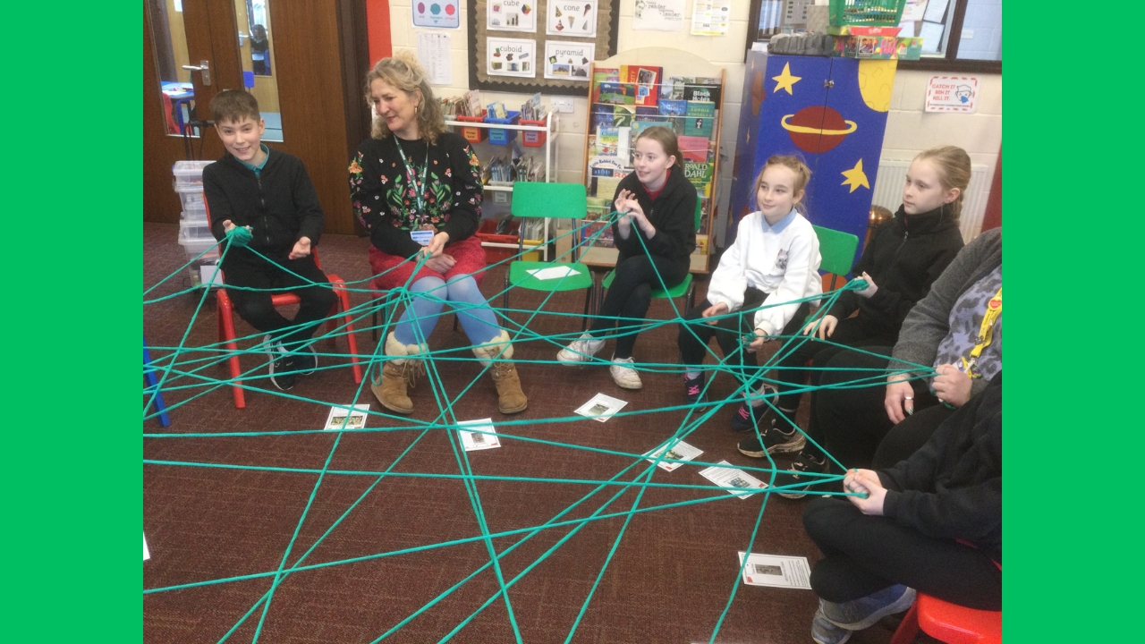 Children and adults seated in a circle holding a net of green wool