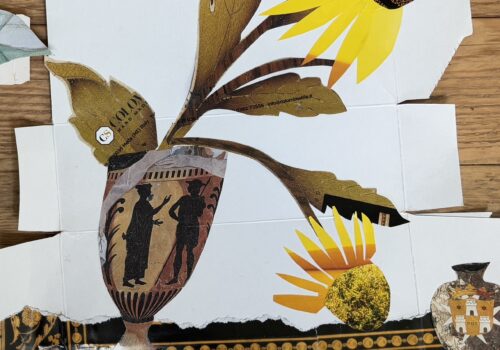 Collage of sunflower in a Grecian vase.