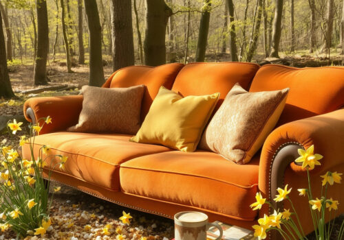 Orange sofa in woodland surrounded by daffodils