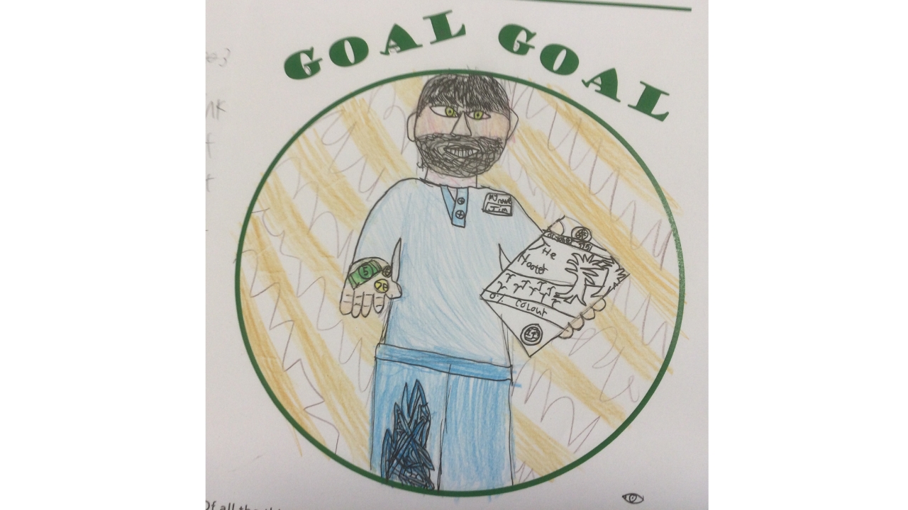 GOAL GOAL a drawing of a bearded man holding a magazine entitled The Hooter in one hand and in the other some cash