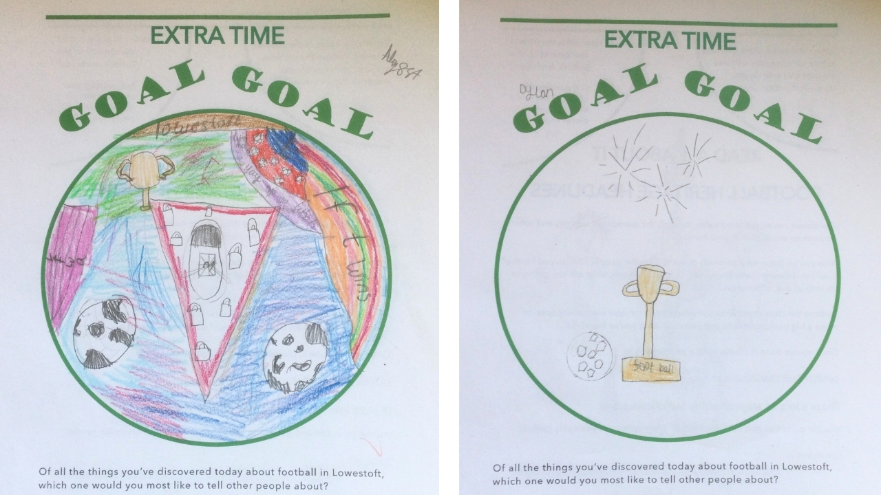 2 green circles each with the words Extra Time GOAL GOAL above. Lefthand image is colourful image of footballs, a trophy and players. Righthand image is a trophy and a football