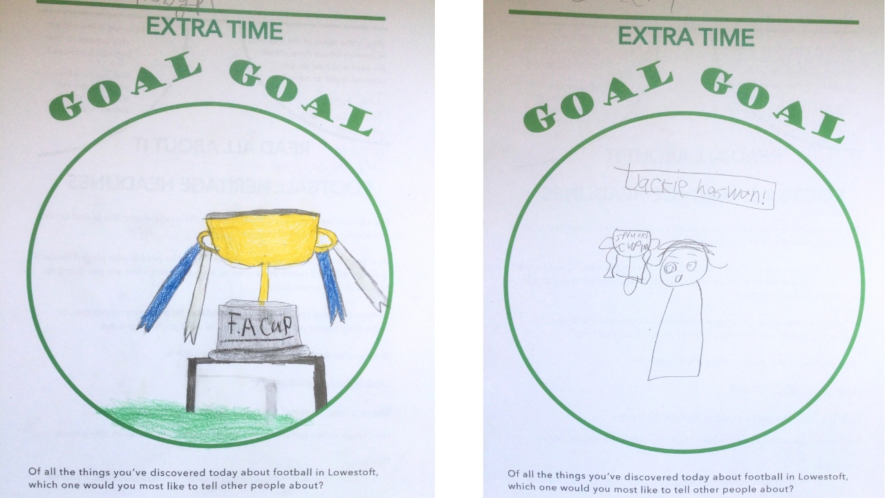 2 green circles each with words Extra Time GOAL GOAL above. One shows a gold FA Cup, with blue and white ribbons. The other is a pencil drawing of a player and cup with words Jackie has Won written above