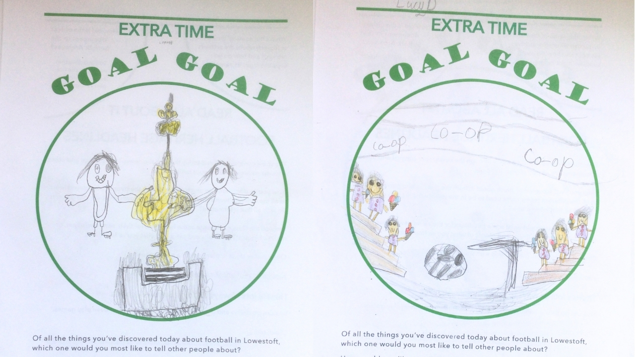 2 green circles, each with the words Extra Time GOAL GOAL above. Left hand shows FA Cup with a player either side and the righthand side shows members of the Co-Op ladies team eating ice creams.